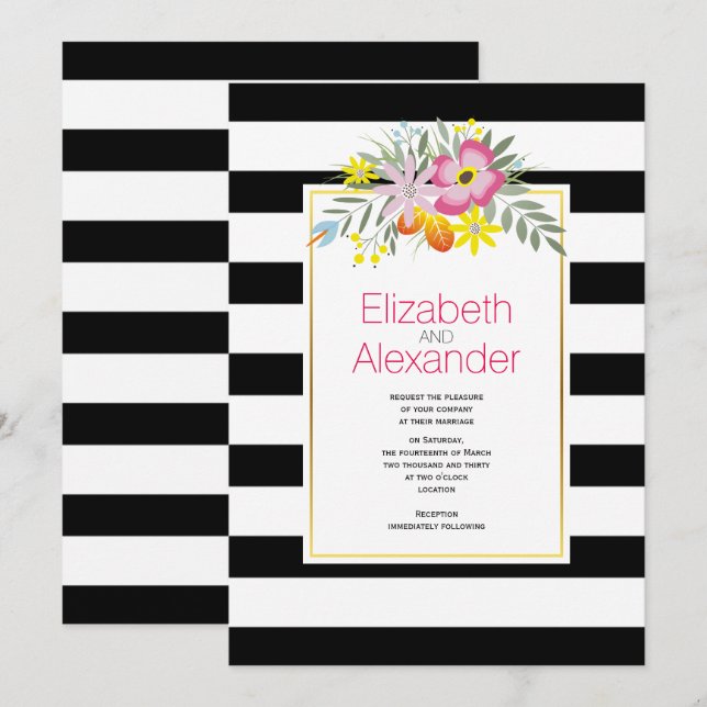 Invitación Flores rosas, rayas blancas negras boda floral (Anverso / Reverso)