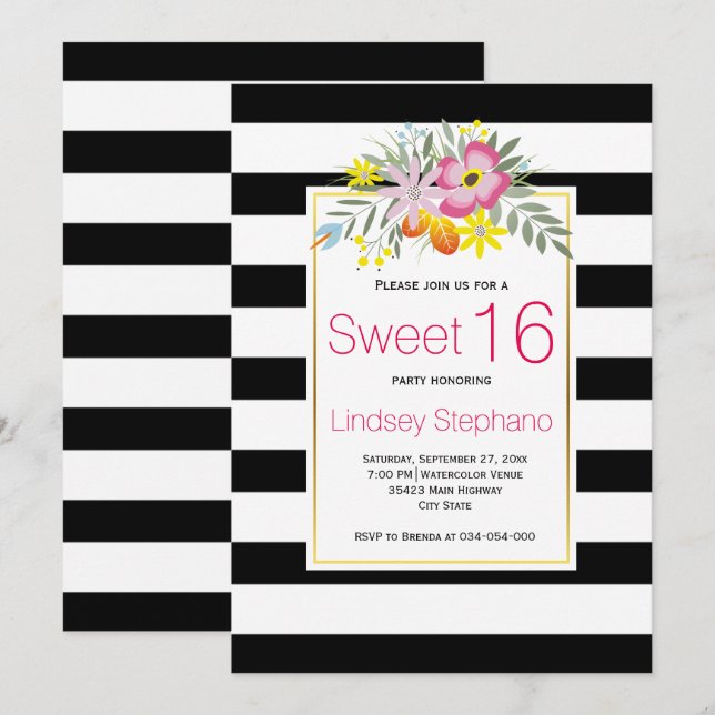 Invitación Flores rosas, rayas dulces, cumpleaños dieciséis (Anverso / Reverso)