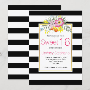 Invitación Flores rosas, rayas dulces, cumpleaños dieciséis