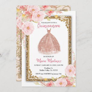 Invitación Flores rosas Rosa Gold Rubor Quinceanera 