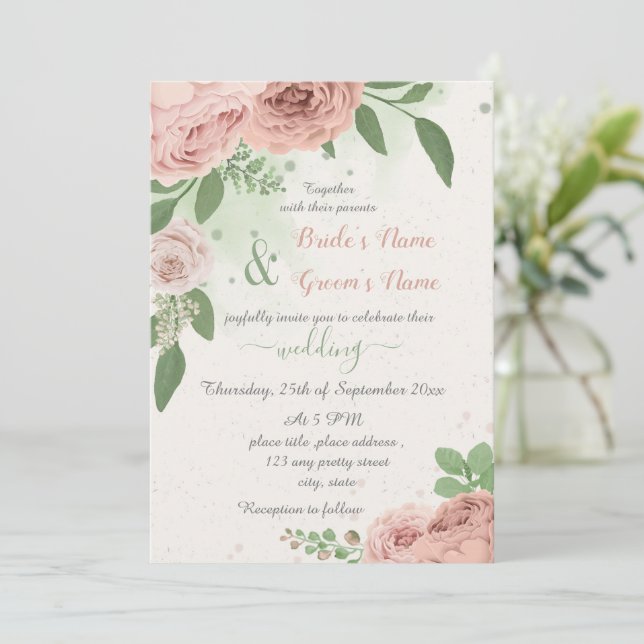 Invitación flores rosas rubias hojas verdes boda (Anverso de pie)