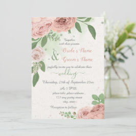 Invitación flores rosas rubias hojas verdes boda