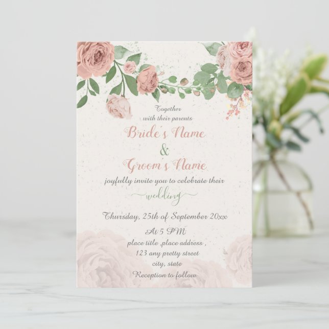 Invitación flores rosas rubias hojas verdes boda (Anverso de pie)