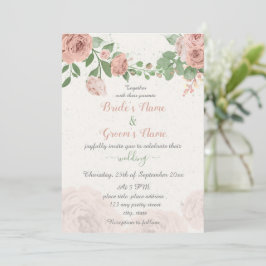 Invitación flores rosas rubias hojas verdes boda
