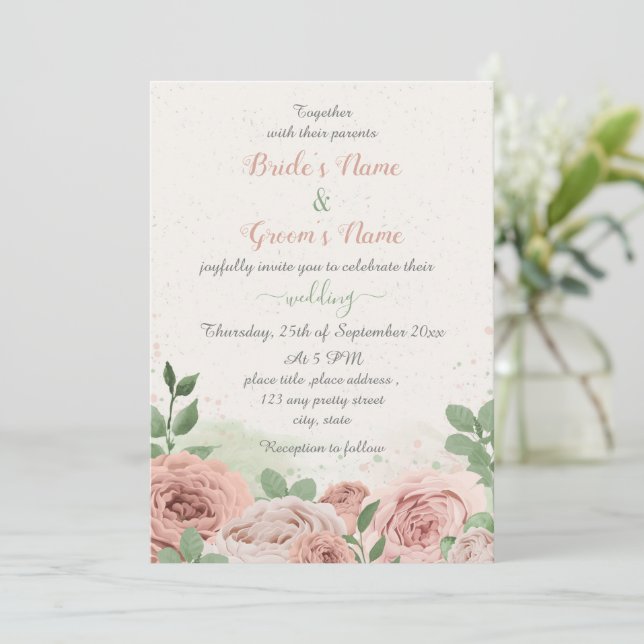 Invitación flores rosas rubias hojas verdes boda (Anverso de pie)