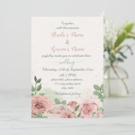 Invitación flores rosas rubias hojas verdes boda