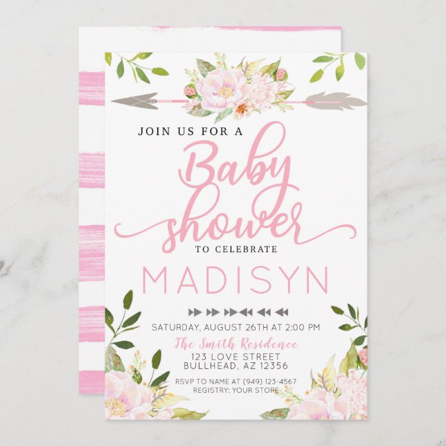 Invitación Flores rosas Rubor Bohemian Arrow Baby Shower (Anverso / Reverso)