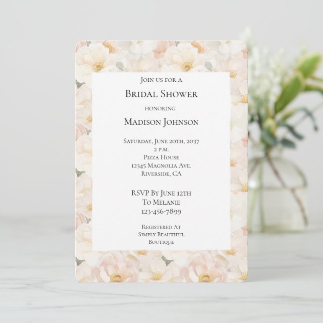 Invitación Flores rosas Rubor ducha de novia (Anverso de pie)