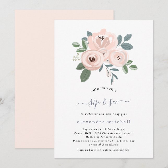 Invitación Flores rosas Rubor elegantes| Baby Sip y See (Anverso / Reverso)