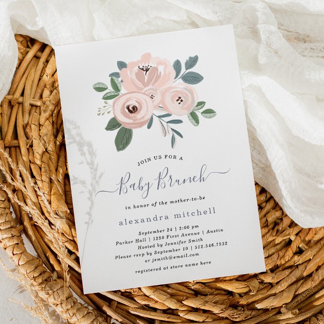 Invitación Flores rosas Rubor elegantes | Bebé Brunch (Subido por el creador)