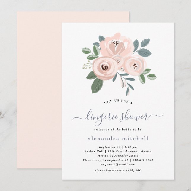 Invitación Flores rosas Rubor elegantes | Lingerie Shower (Anverso / Reverso)