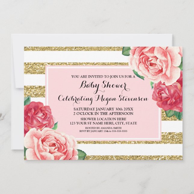 Invitación Flores rosas Rubor Gold Stripes Baby Shower (Reverso)