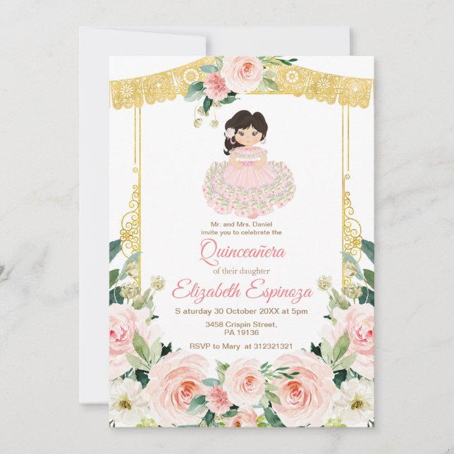 Invitación Flores rosas Rubor mexicanas Quinceanera Mis Quinc (Anverso)