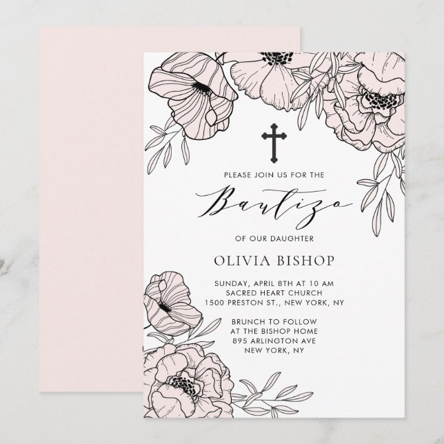 Invitación Flores rosas Rubor modernas elegantes Bautizo (Anverso / Reverso)
