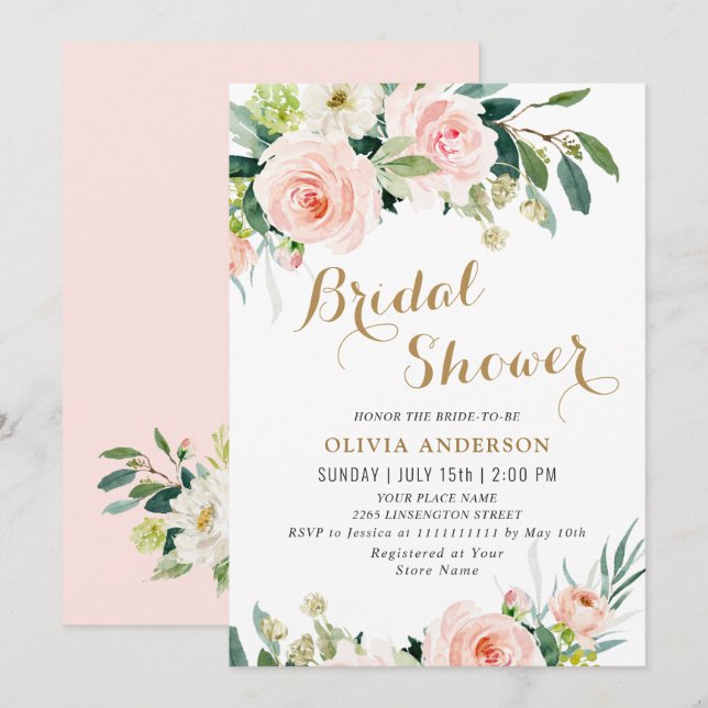 Invitación Flores rosas Rubor Watercolor Bridal Shower (Anverso / Reverso)