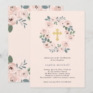 Invitación Flores rosas Rubor y cruz dorada  Bautismo