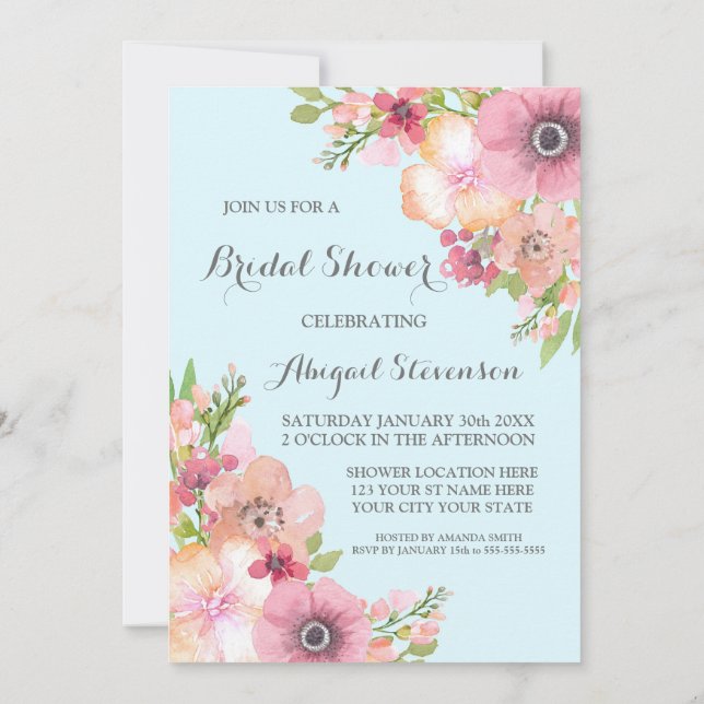 Invitación Flores rosas rusticas azul cielo ducha de novia (Reverso)