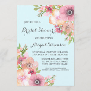 Invitación Flores rosas rusticas azul cielo ducha de novia