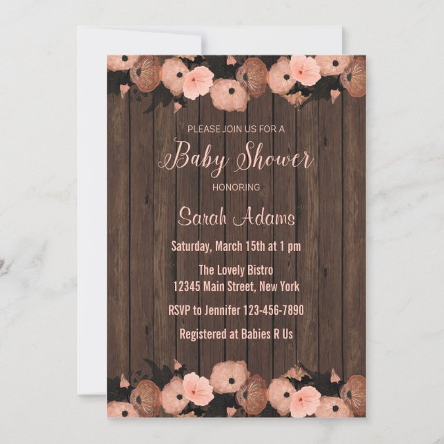 Invitación Flores rosas salmón invitan a Baby Shower (Anverso)