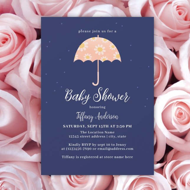 Invitación Flores rosas simples Chica de paraguas Baby Shower (Subido por el creador)