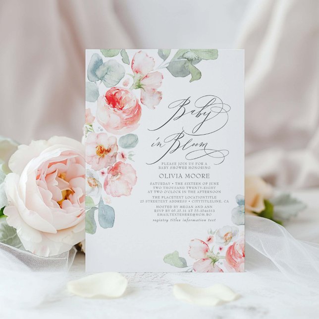Invitación Flores rosas suaves Baby Shower elegante Chica Boh (Baby in Bloom Cute Pink Floral Baby Shower Invitations)