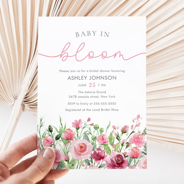Invitación Flores rosas suaves Baby Shower elegante Chica Boh (Subido por el creador)