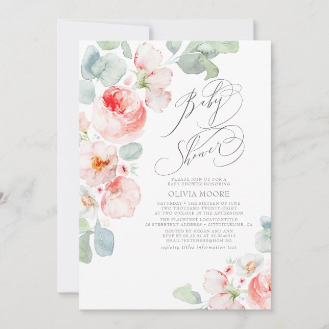 Invitación Flores rosas suaves Baby Shower elegante Chica Boh (Anverso)