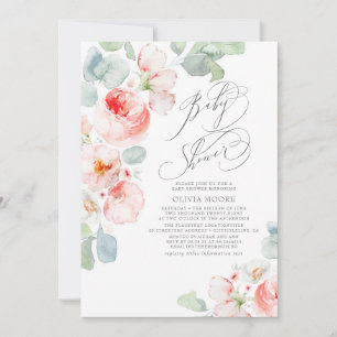 Invitación Flores rosas suaves Baby Shower elegante Chica Boh