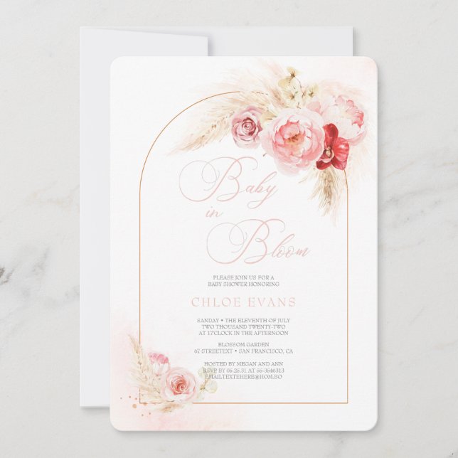 Invitación Flores rosas suaves Chica de Boho Baby Shower I el (Anverso)