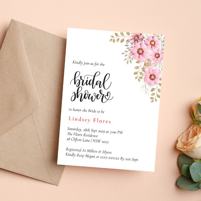 Invitación Flores rosas suaves y duchas de novias verdes (Subido por el creador)