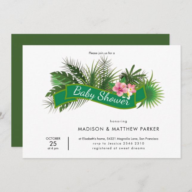 Invitación Flores rosas verdes (Anverso / Reverso)