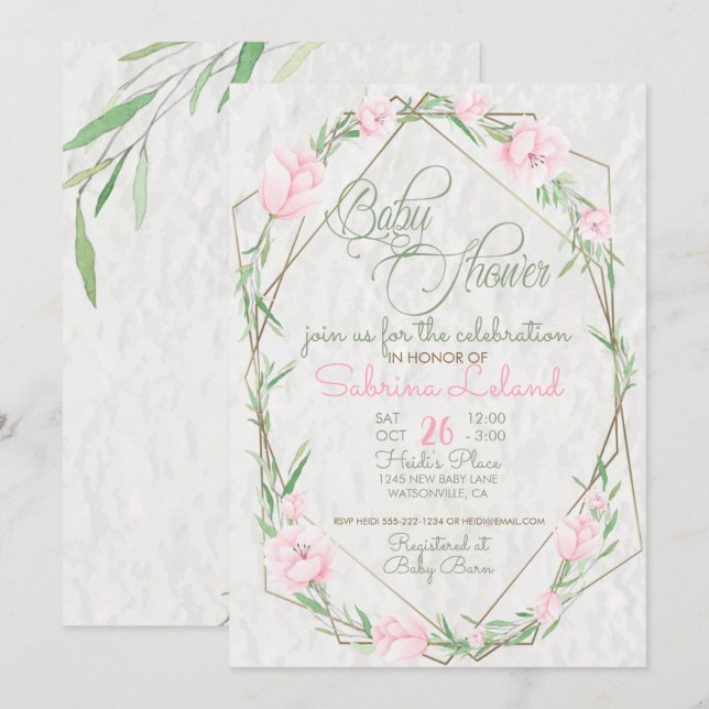 Invitación Flores rosas Verdor Terrario Baby Shower (Anverso / Reverso)