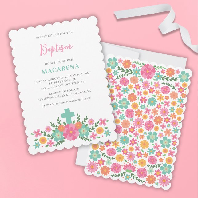 Invitación Flores rosas y acuáticas con bebes cruzadas Bautis (Subido por el creador)