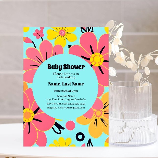 Invitación Flores rosas y amarillas en azul cielo- estilo dop (Pink & Yellow Blossoms on Sky Blue- Dopamine Style Invitation)