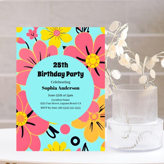 Invitación Flores rosas y amarillas en azul cielo- estilo dop (Pink & Yellow Blossoms on Sky Blue- Dopamine Style Invitation)