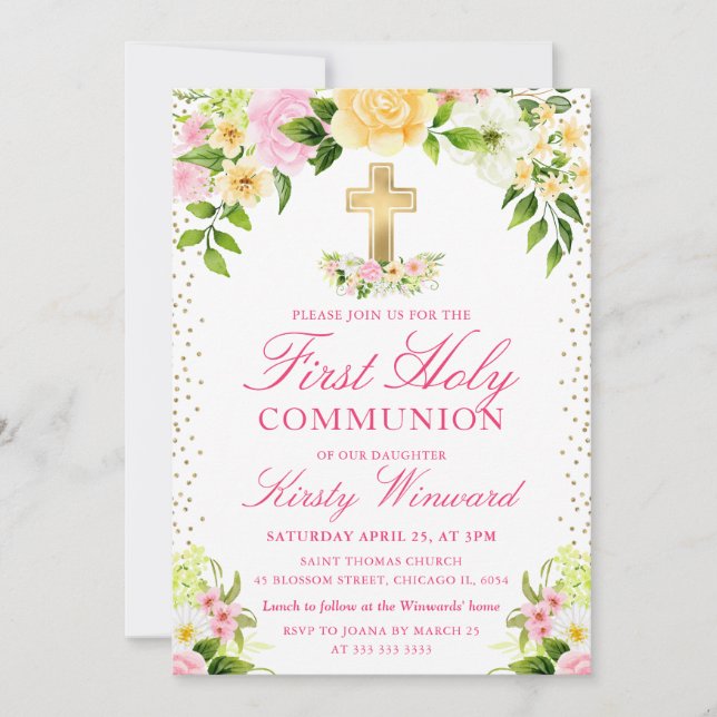 Invitación Flores rosas y amarillas primera comunión sagrada (Anverso)