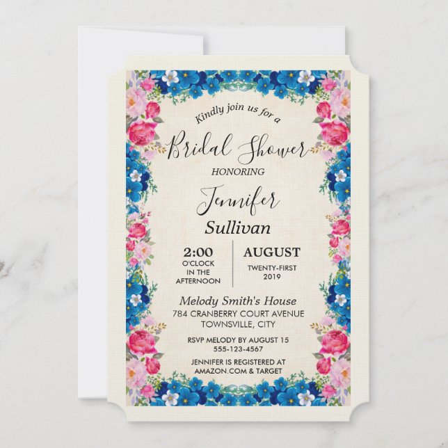 Invitación Flores rosas y azules abren una elegante ducha de  (Anverso)