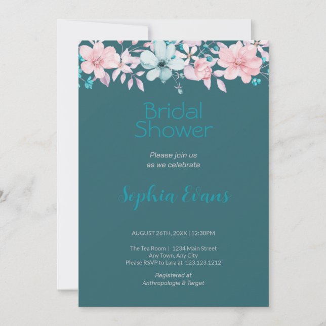 Invitación Flores rosas y azules Ducha verde de novias (Anverso)