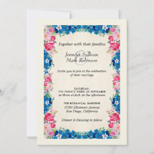 Invitación Flores rosas y azules en Boda de pergamino de imit