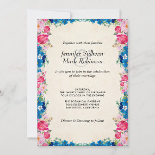 Invitación Flores rosas y azules en Boda de pergamino de imit