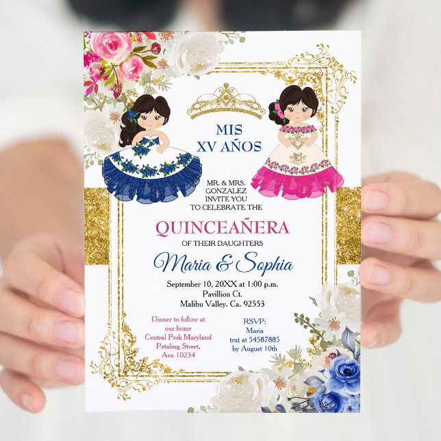 Invitación Flores rosas y azules gemelas Quinceanera (Subido por el creador)