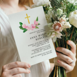 Invitación Flores rosas y bautismo Chica bruto de oro