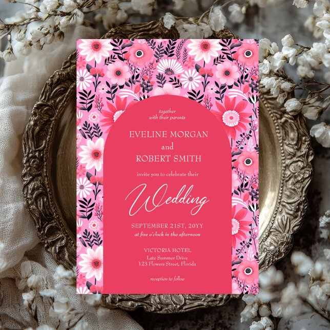 Invitación Flores rosas y blancas calientes retro (retro groovy hot pink and white flowers wedding invitation)