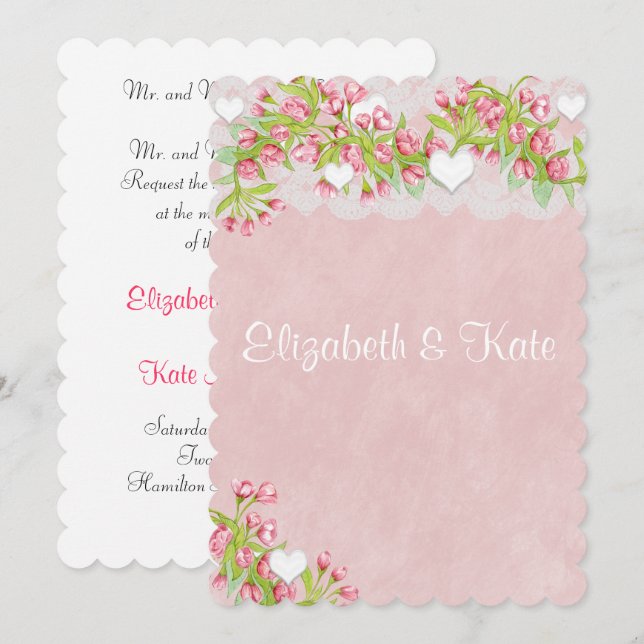 Invitación Flores rosas y blancas de lesbiana gayInvitación a (Anverso / Reverso)