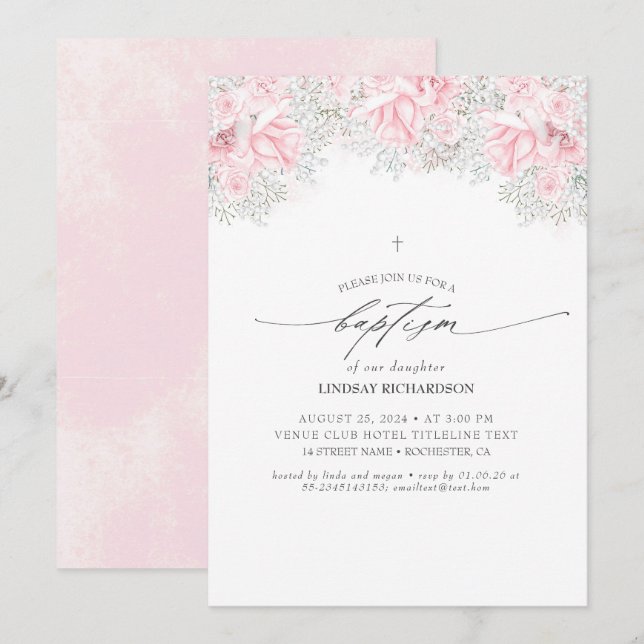 Invitación Flores rosas y el bautismo de los Chicas de alient (Anverso / Reverso)