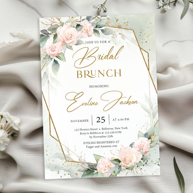Invitación Flores rosas y eucalipto Rubor brunch de novia (Watercolor soft pastel pink roses eucalyptus gold frame bridal brunch invitation digital.jpg)