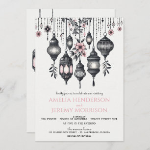 Invitación Flores rosas y farolillos Boda de código QR