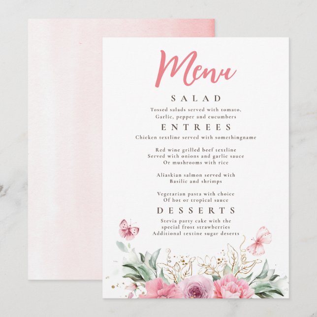 Invitación Flores rosas y Fiesta de mariposas con vegetación  (Anverso / Reverso)
