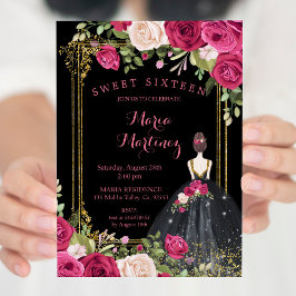 Invitación Flores rosas y fondo negro 16 cumpleaños