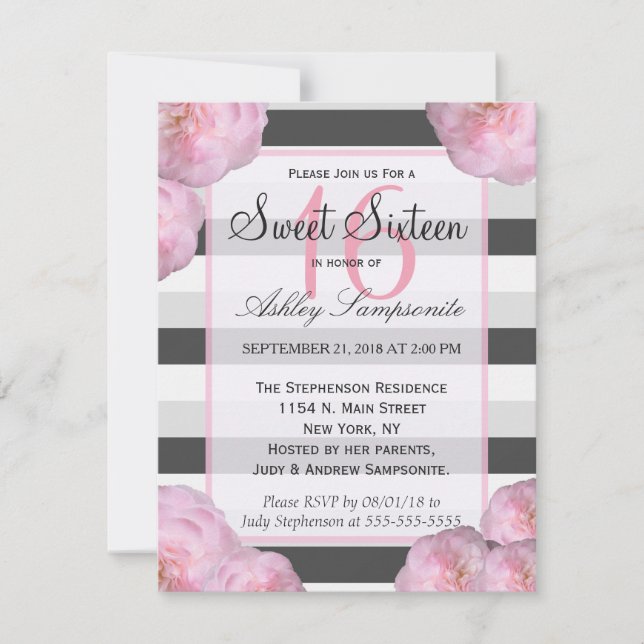 Invitación Flores rosas y franjas negras, grises y blancas (Anverso)